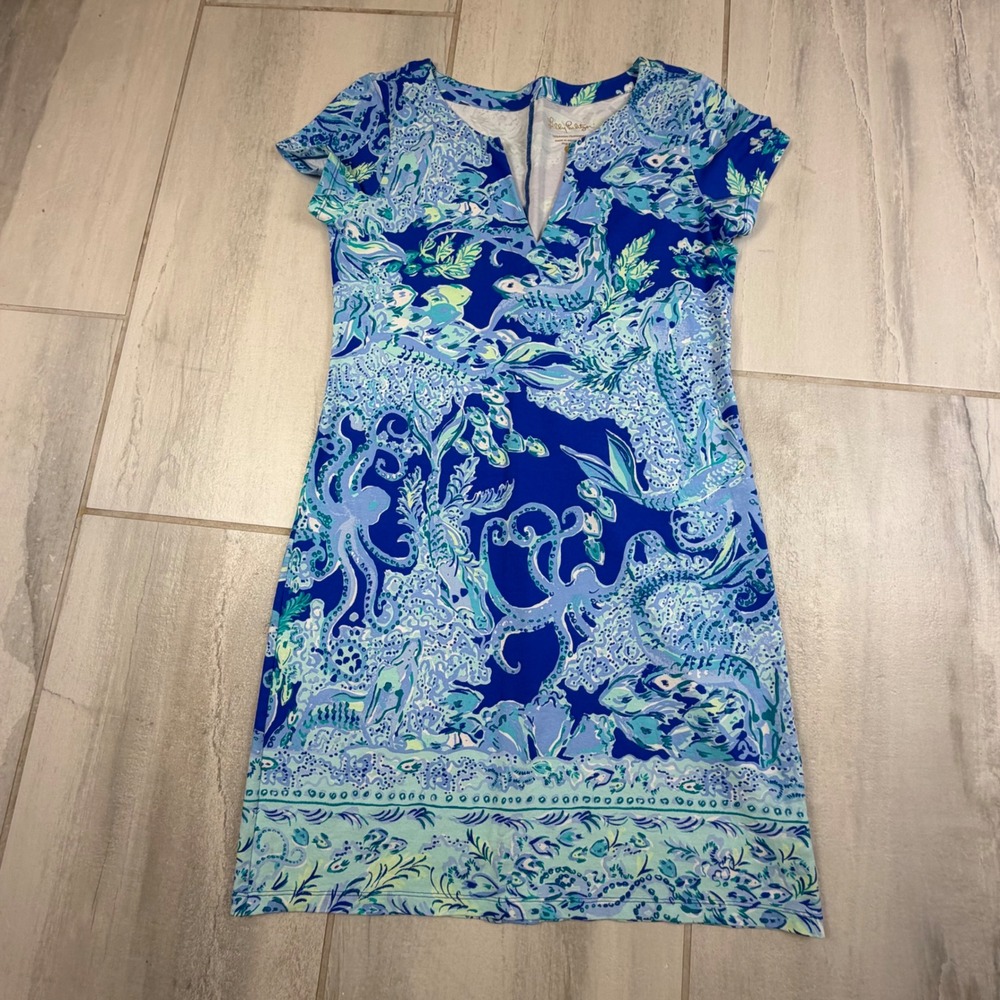 Lilly Pulitzer Octo-Sea Blue Octopus Print ShiftDress Sz S Rayon Spandex Stretch